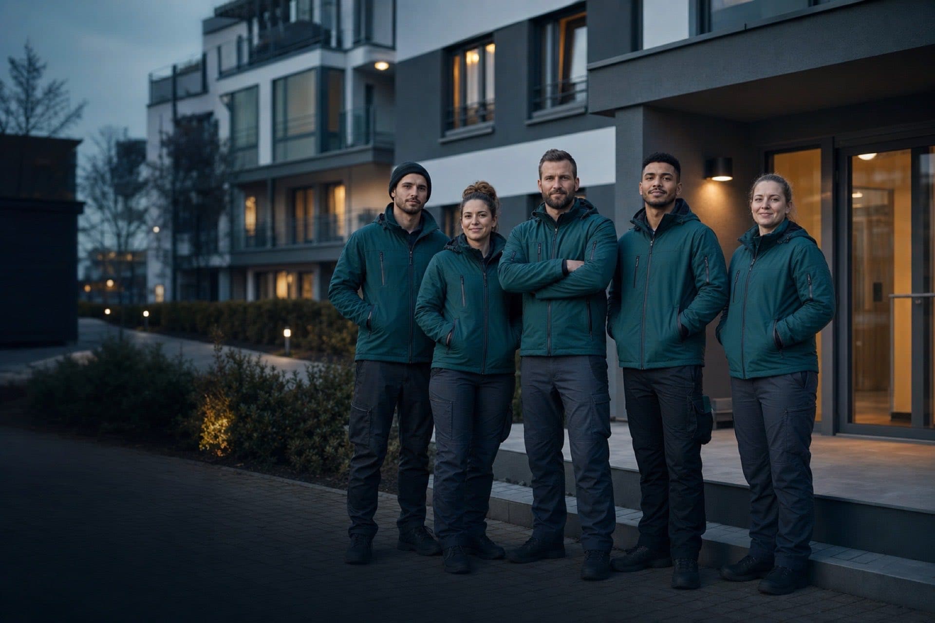 Team von Wertvoll Hausmeisterservice vor einem gepflegten Mehrfamilienhaus in Bielefeld