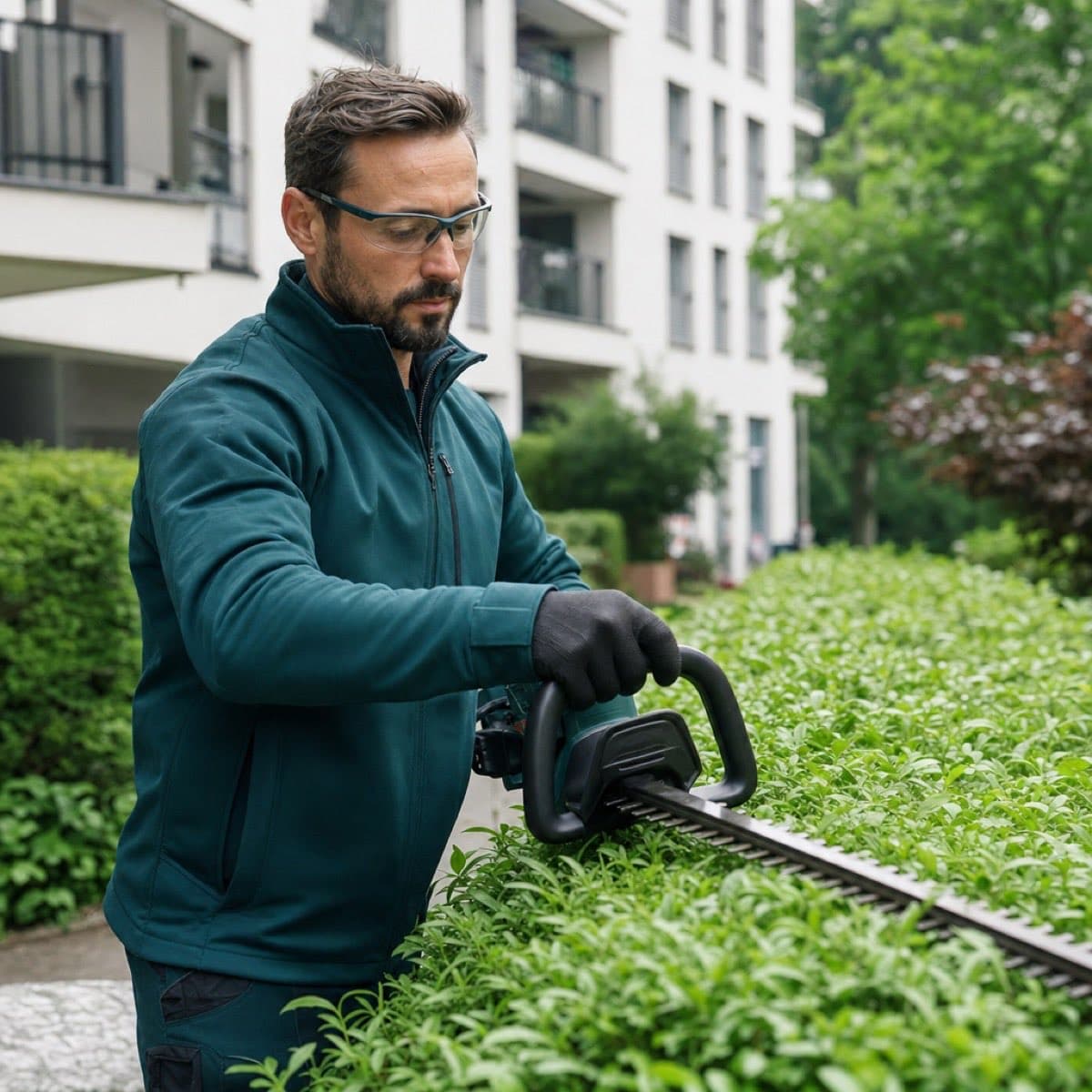 Hausmeister bei der Grünpflege einer Wohnanlage