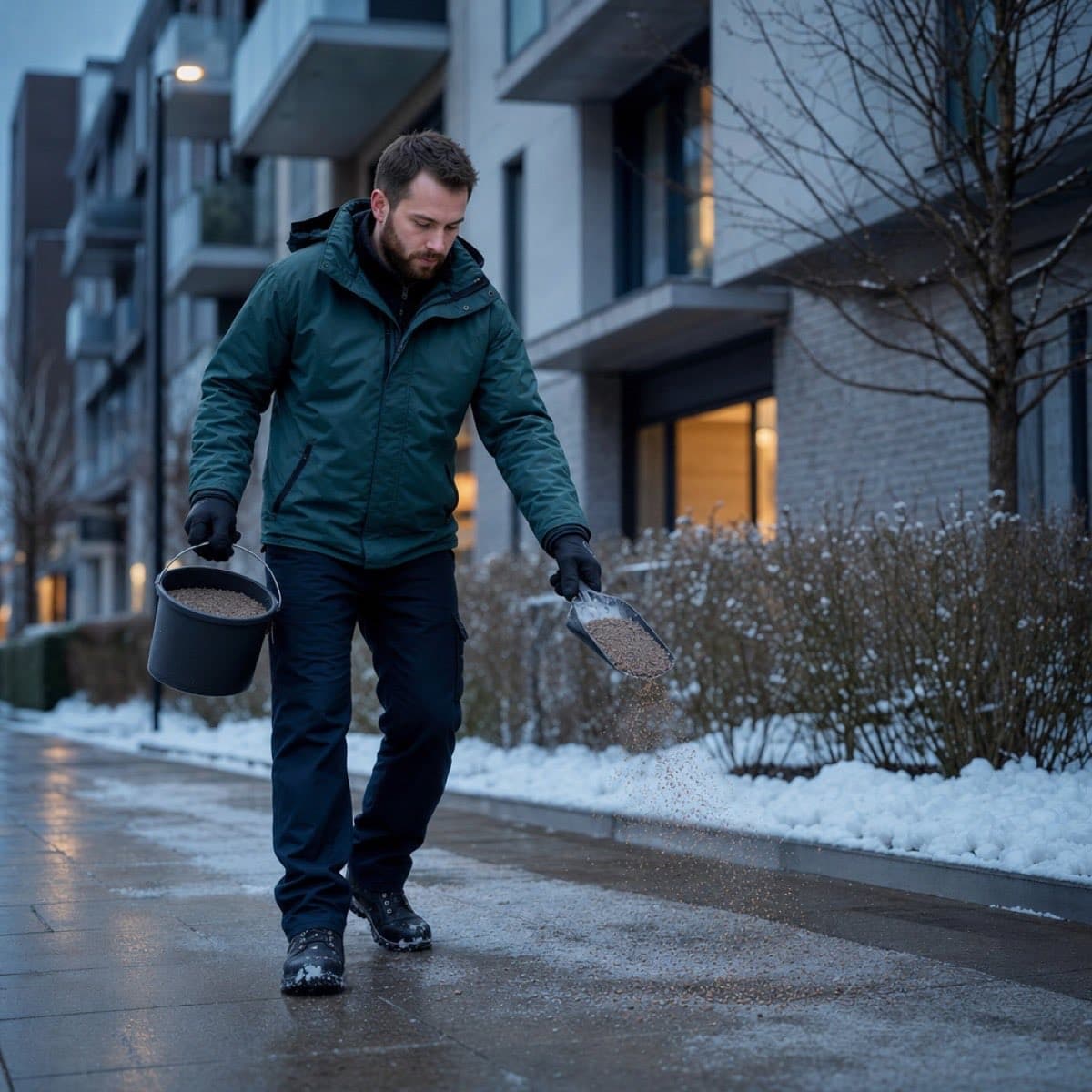 Hausmeister im Winterdienst vor einem Mehrfamilienhaus