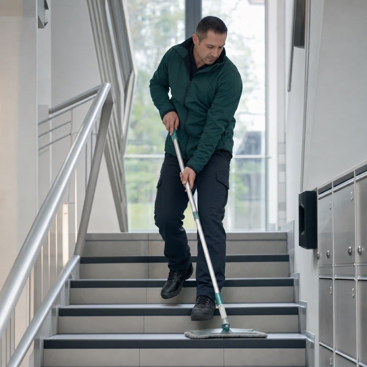 Hausmeister bei der Treppenhausreinigung